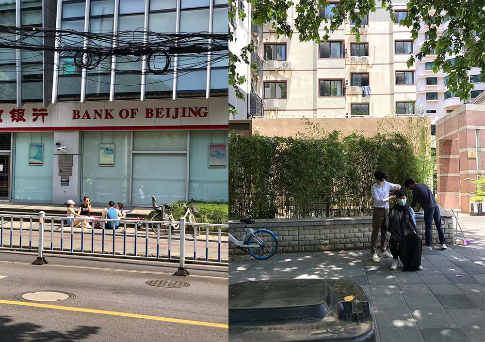 Left: Residents enjoy sunshine by the roadside in Changning District, May 21; right: A man gets his hair cut at the entrance of a compound in Changning District, Shanghai, May 22, 2022. Bibek Bhandari/Sixth Tone