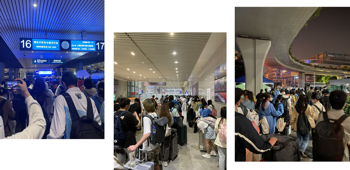 From left to right, students arrive and wait at a railway station in Chengdu, and then wait to be transferred outside, Sichuan province, May 2022. Courtesy of Qu Lei (pseudonym)