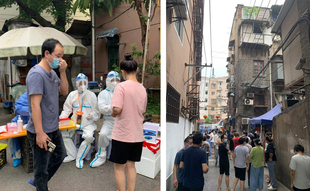 Left: Residents in Liu’s apartment complex take COVID-19 test; Right: Residents gather at a shared outside space, June 1, 2022. Courtesy of Liu Weiqi