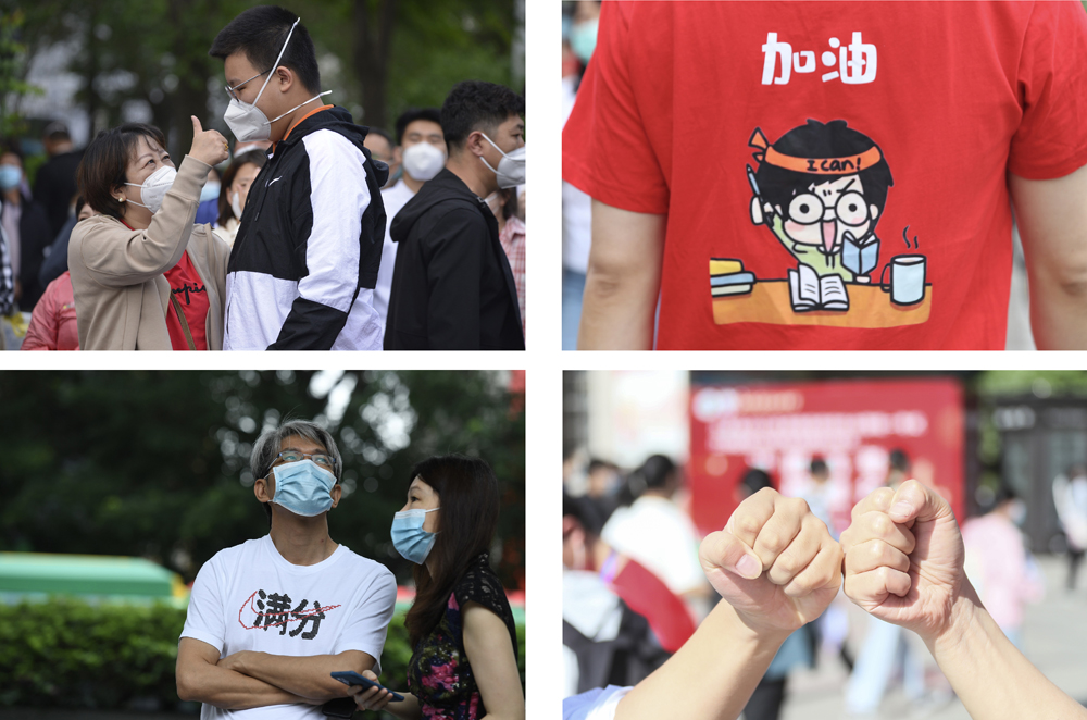 Parents across China offer encouragement to their children before the national college entrance exam, July 7, 2022. VCG