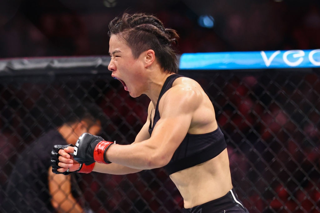 Zhang Weili reacts after defeating Joanna Jedrejczyk at the UFC 275 event in Singapore, June 12, 2022. Courtesy of UFC China
