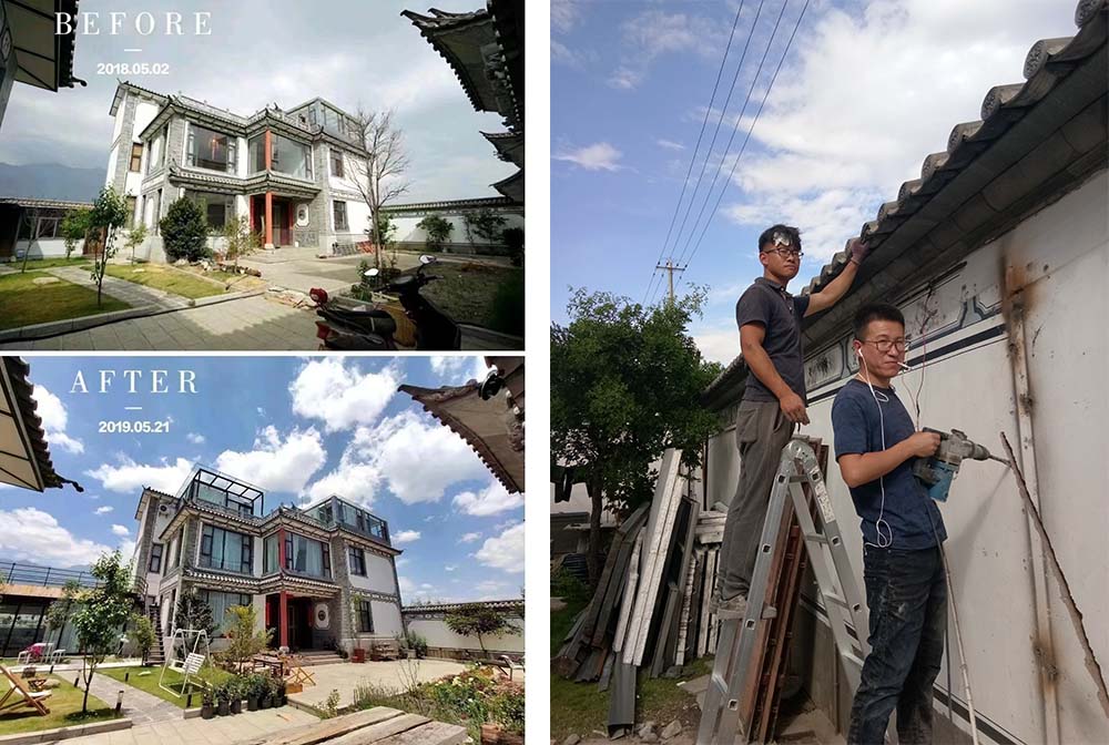 Left: Comparison of the house before and after renovation; right: Huang’s husband (left) renovates an exterior wall with a friend, 2018. Courtesy of Huang Xiang