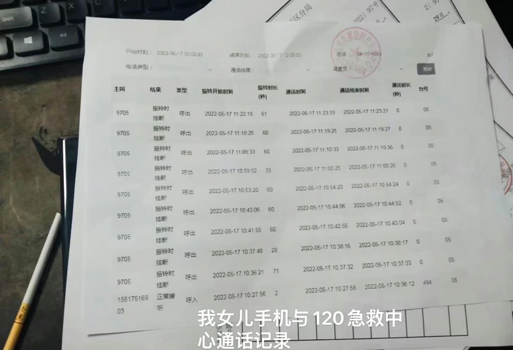 The call records between Junjun and the emergency services. Courtesy of Junjun’s father