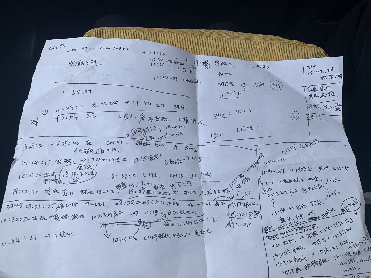 A piece of paper on which Liu Huafa, Zhang’s brother-in-law, has written down the timeline of Zhang’s last working day based on the CCTV footage provided by local police, Zhejiang province, July 25, 2022. Yuan Ye/Sixth Tone