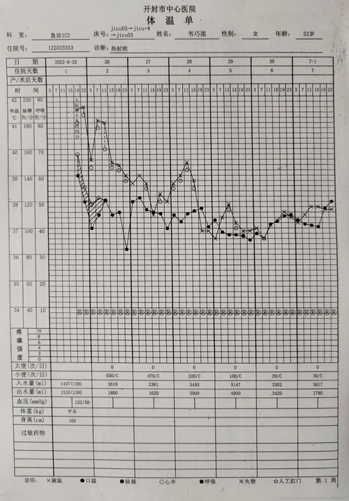 A hospital report showing Wei Qiaolian’s body temperature. The Paper