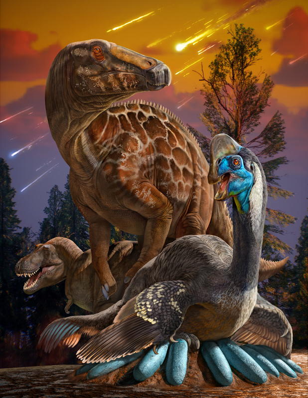 A depiction of oviraptorosaurs, hadrosaurs, and tyrannosaurs that lived in central China. Courtesy of Chuang Zhao