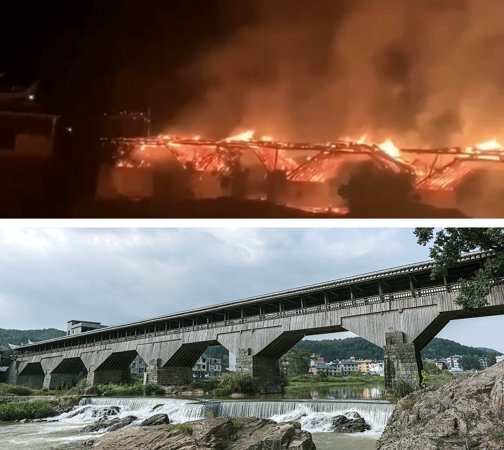 Top: A screenshot shows a burning Wan’an Bridge in Pingnan County, Fujian province, Aug. 6, 2022. CCTV+; Bottom: Wan’an Bridge in 2016. VCG