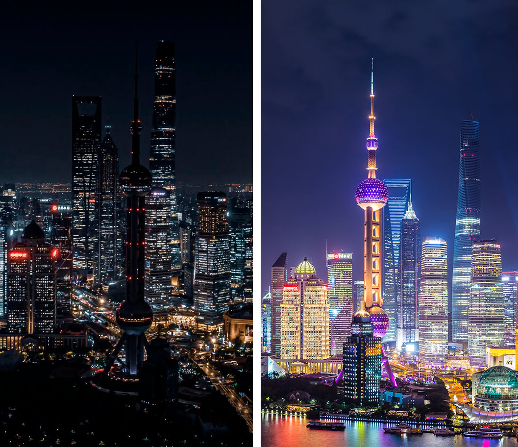 Left: The Lujiazui financial district during the Sichuan drought, August 2022. From Tik Tok user @Shawan.Wang; Right: A night view of the district, 2014. VCG