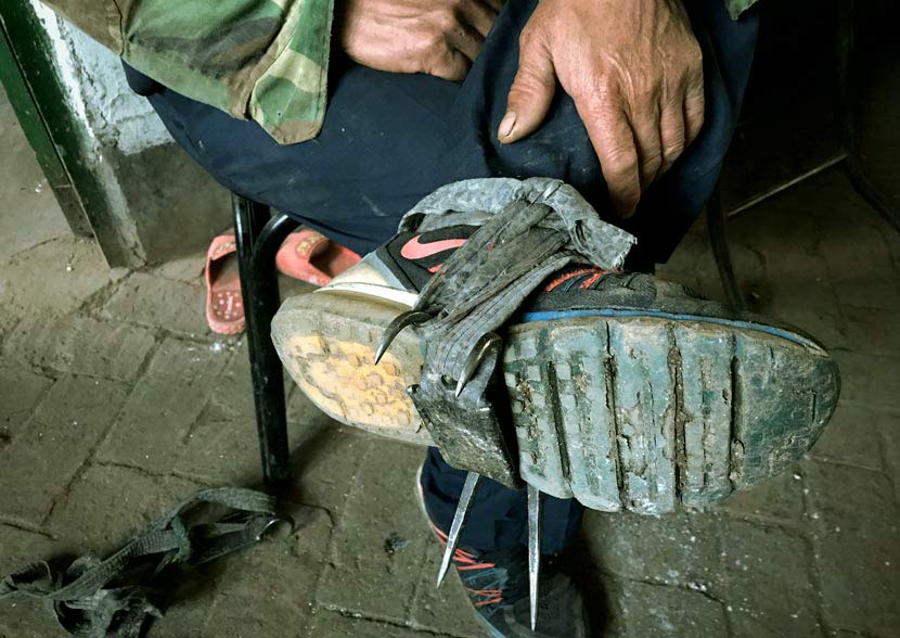 Pine nut picker Xu Yeyi attaches spikes to his shoes in Yihe Village, Linjiang, Jilin province, October 2017. Shen Wendi for Sixth Tone