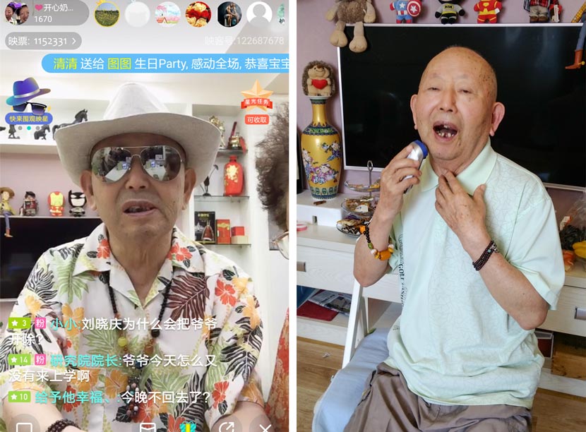 Left: a screenshot of Cui Xingli’s livestream, 2017; right: Cui Xingli shaves with an electric razor at his home in Wuhan, Hubei province, Sept. 25, 2017. Zhang Xiaolian for Sixth Tone