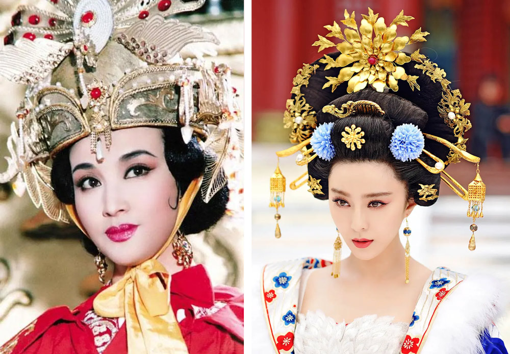 Wu Zetian as she appears on TV. Left: Played by Liu Xiaoqing in 1995; Right: Played by Fan Bingbing in 2014. From Douban