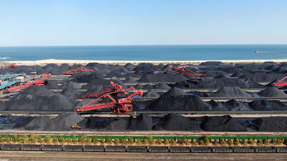 An aerial view of a coal yard at a port in Rizhao, Shandong province, Oct. 17, 2022. VCG