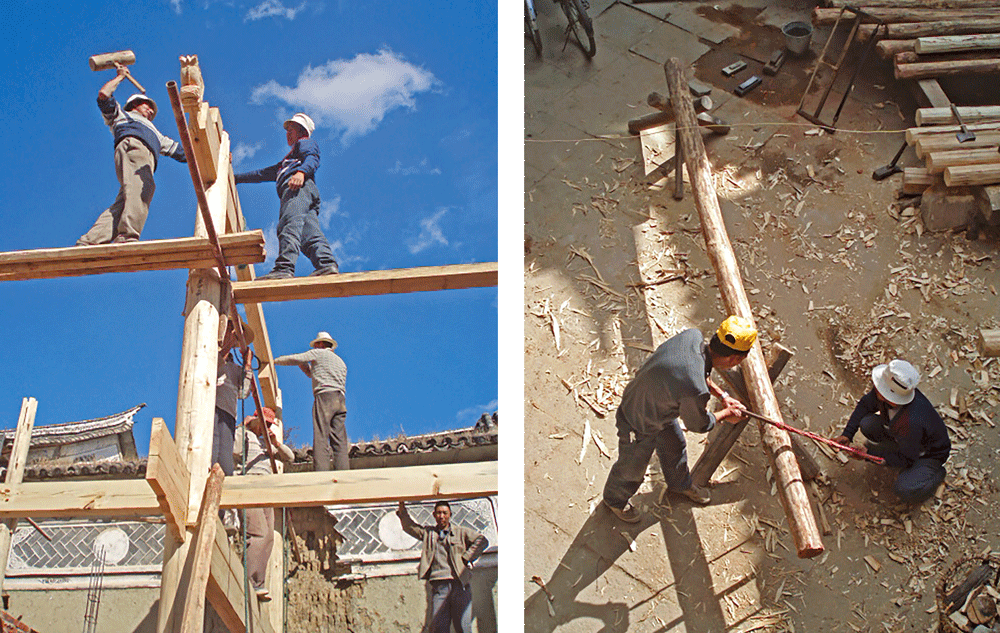 Left: Workers build the Linden Centre; right: Workers cut wood at the construction site, Yunnan province, 2007. Courtesy of Brian Linden