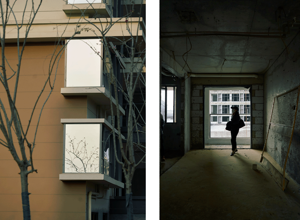 Left: A view of the Sinic City complex; Right: Luo Wan (pseudonym) looks around one of the half-constructed buildings in Nanchang, Jiangxi province, November 2022. Wu Huiyuan/Sixth Tone