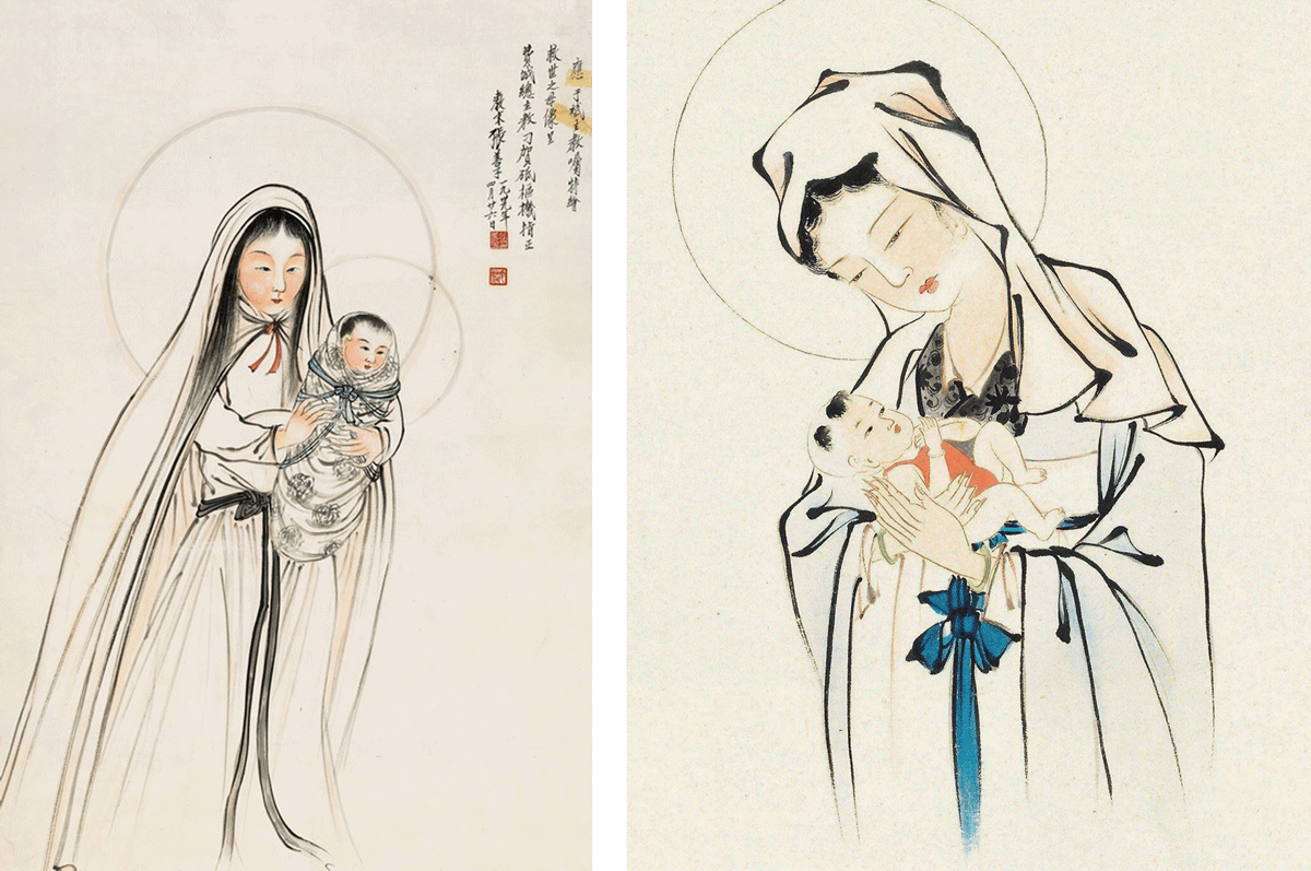 Left: “Blessed Virgin Mary” by Zhang Shanzi; Right: Details of “Virgin Mary” by Gu Yufeng.