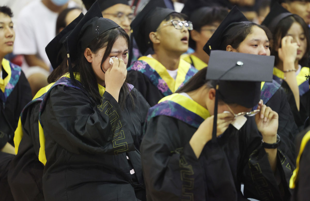 Senior high students cry during their graduation ceremony in Nantong, Jiangsu province, June 11, 2022. Xu Peiqin/IC