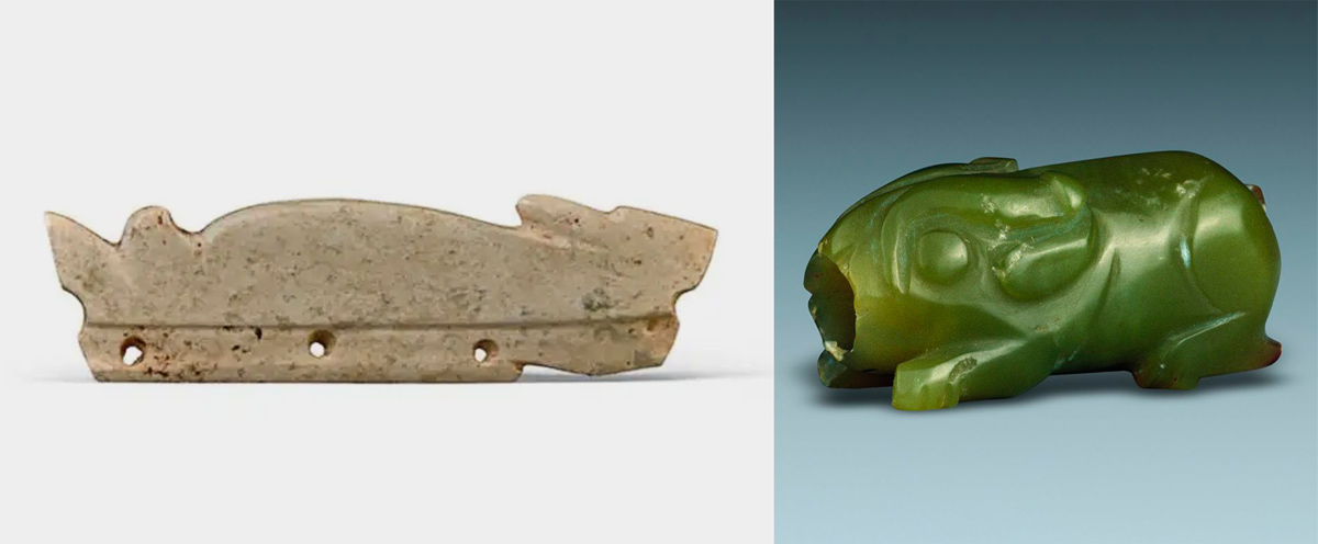Left: Jade rabbit excavated from Lingjiatan ruins. From the Anhui Provincial Institute of Cultural Relics; Right: A jade rabbit excavated from Zhangjiapo ruins. From National Museum of China