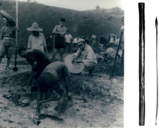 Left: An excavated tomb on Zuojiagong Mountain, 1954; Right: A brush and a bamboo tube discovered inside the tomb. From the Hunan Archaeological Research Institute