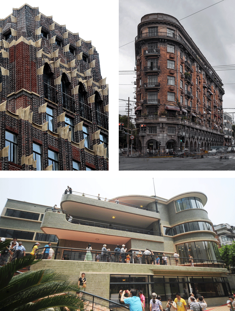The László Hudec-designed China Baptist Publication Building (top left), Wukang Building (top right), and “Green House” (bottom). VCG