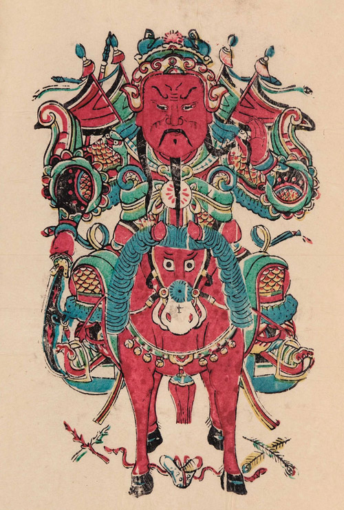 The single Guan Yu door god, produced in Wuqiang County, Hebei province. A rare print of a door god from the front.