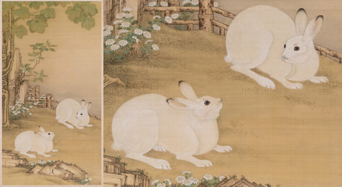 “Twin Rabbits Under a Parasol Tree” and its details. From @天津博物馆 on Weibo