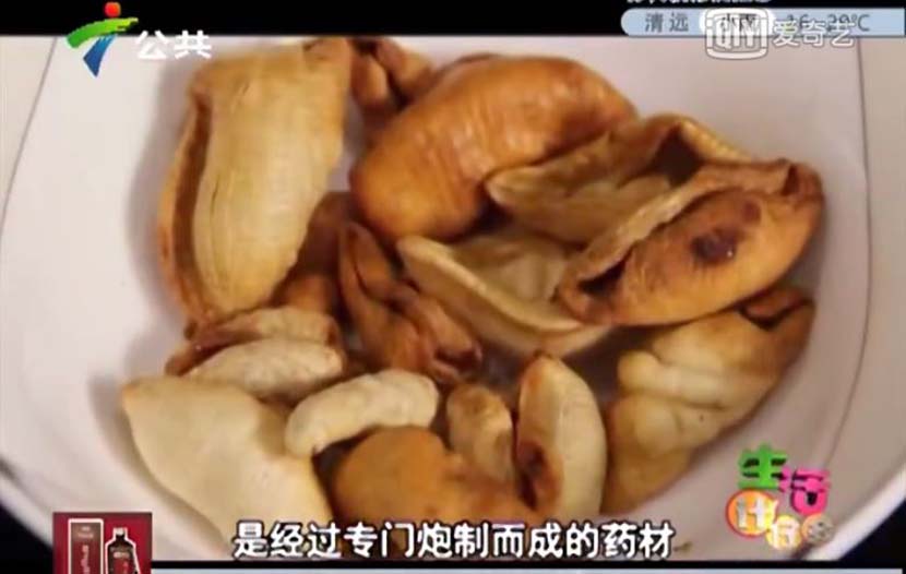 A screenshot from the Guangdong TV program ‘Life Tips’ shows pangolin scales for use as soup ingredients.