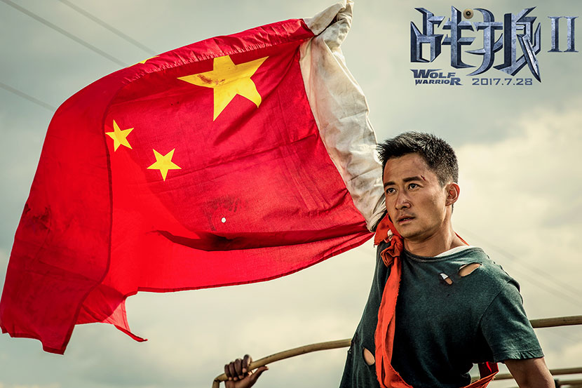 A promotional image for the film ‘Wolf Warrior 2’ shows protagonist Leng Feng raising the Chinese flag. IC