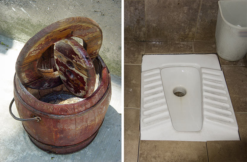 Left: A wooden bucket known as a ‘matong’ is seen in Nanjing, Jiangsu province, May 7, 2007. VCG; right: A squat toilet. Moment/VCG.