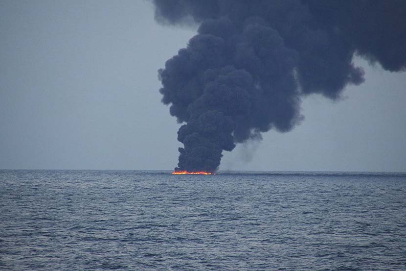 Flames and smoke from the Iranian oil tanker Sanchi are seen in the East China Sea, Jan. 15, 2018. 10th Regional Coast Guard Headquarters/Reuters