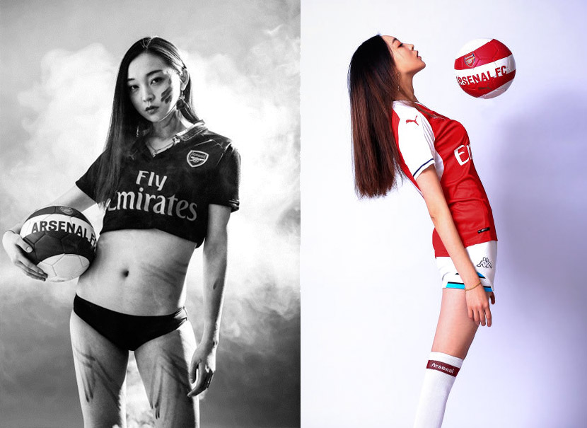Wang Zhengyang, an official ‘soccer babe’ for an Arsenal fan club, poses for photos with branded gear. Courtesy of Wang Zhengyang