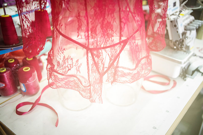 A sample lingerie piece is displayed at a workshop in Guanyun County, Jiangsu province, Dec. 27, 2017. Wu Yue/Sixth Tone