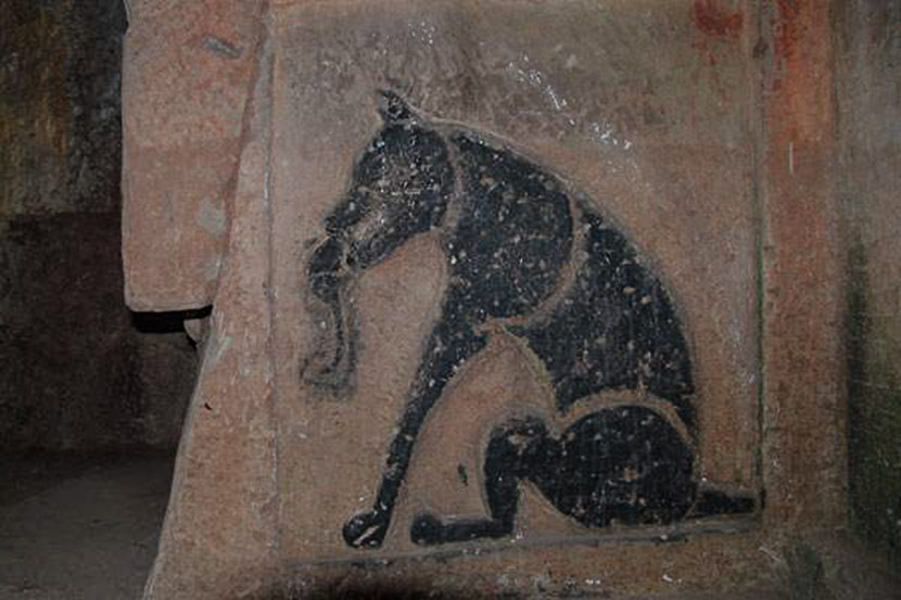 A image of a rodent-trapping dog exists in rock paintings adorning the Han-era cliff tombs of Qijiang, Sichuan province. Courtesy of Dai Wangyun