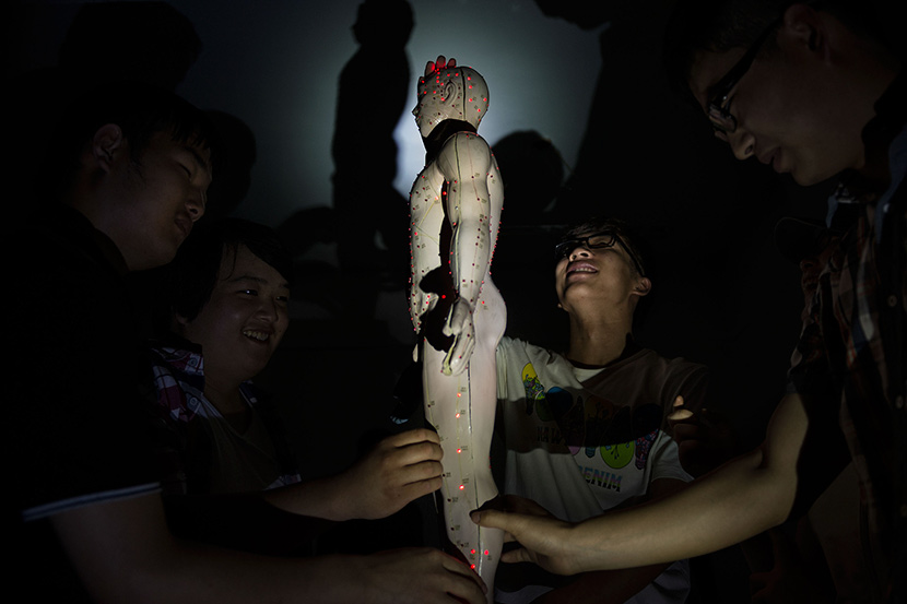 Students with visual impairments touch a model of the human body to learn acupuncture points in traditional Chinese medicine at Changchun University, Jilin province, July 8, 2014. VCG