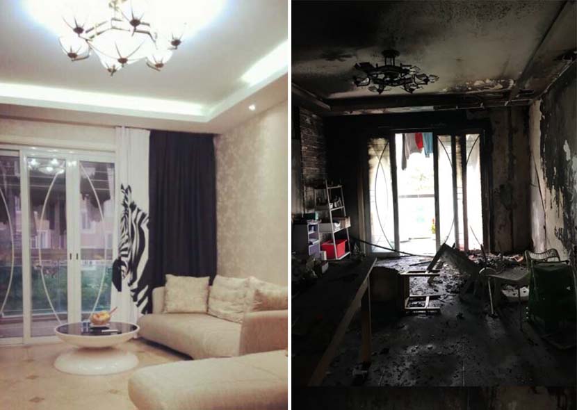 Photos of Wang Guopei’s living room before and after the fire. From Wang’s Weibo account