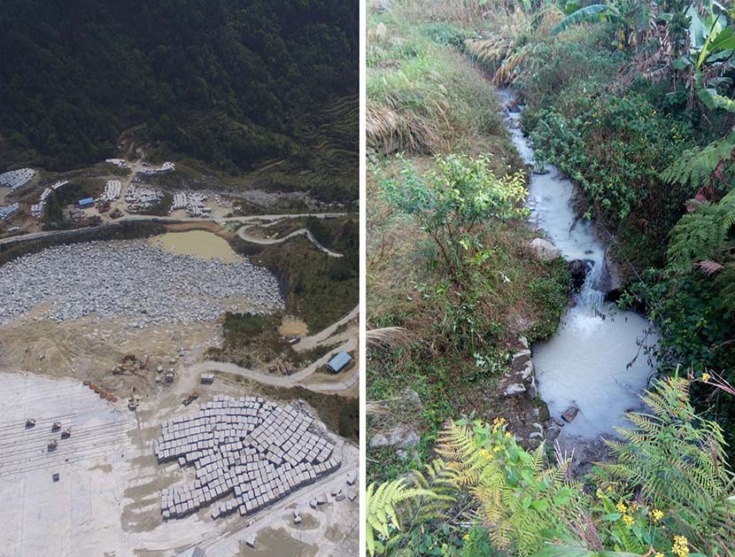 Left: Aerial view of Maoyuan quarry in Dacheng Town, Xinyi, Guangdong province, March 23, 2018; right: Cloudy stream in Dacheng Town, Xinyi, Guangdong province, Dec. 5, 2017. Courtesy of Lei Ping