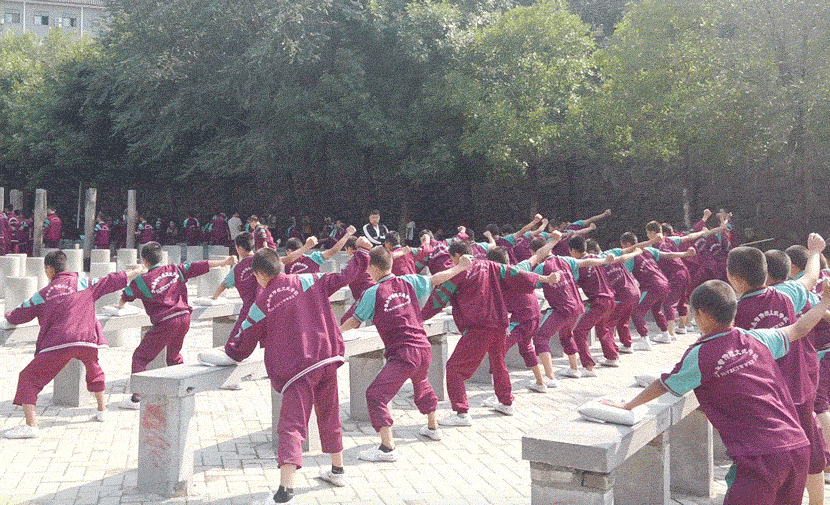 Students practice open hand strikes at the Shaolin Yongzhi Kungfu School in Dengfeng, Henan province. Courtesy of Matthew Scott